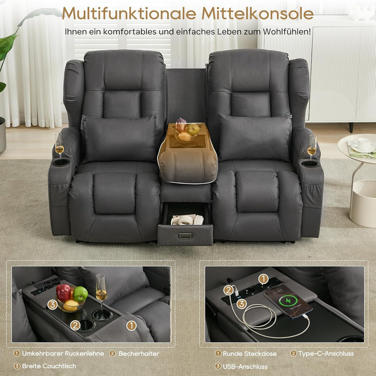 2er Relaxsessel mit Liegefunktion Fußteil. Zweisitzer Fernsehsessel 2 Sitzer TV Sessel mit Konsole. Manuell Verstellbar Doppel Kinosessel bis 360 kg (