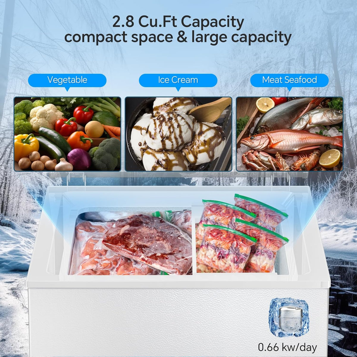 3.5 Cubic Feet Chest Freezer with 2 Removable Baskets Free Standing Top Open Door Compact Freezer with Adjustable Temperature for Home/Kitchen/Office/Bar (3.5 Cubic Feet. White)
