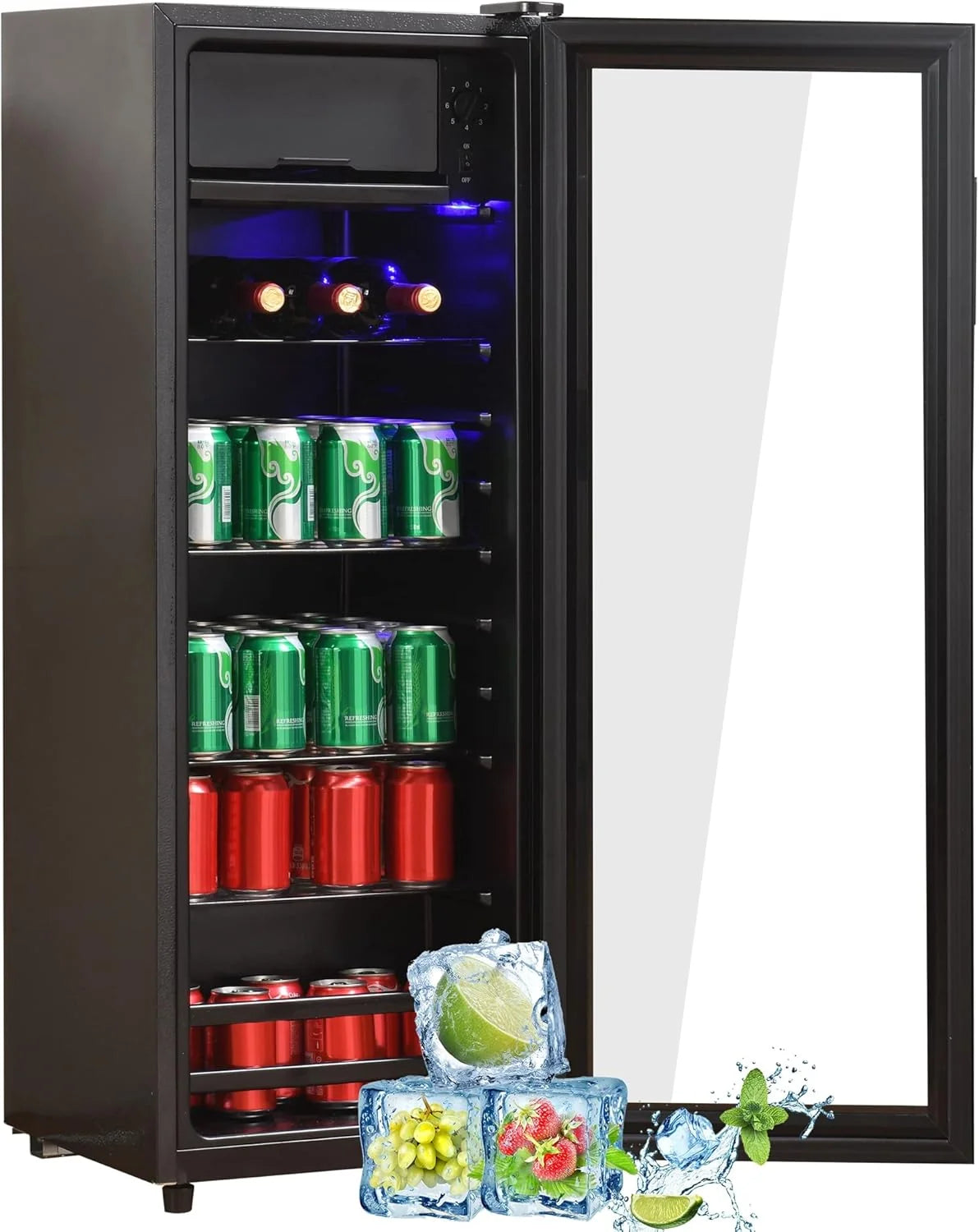 Merax Kühlschrank 128L. Freistehend Getränkekühler mit 120L-Kühlschrank + 8L-Gefrierschrank. mit LED-Innenbeleuchtung und Verstellbare Einlegeböden.