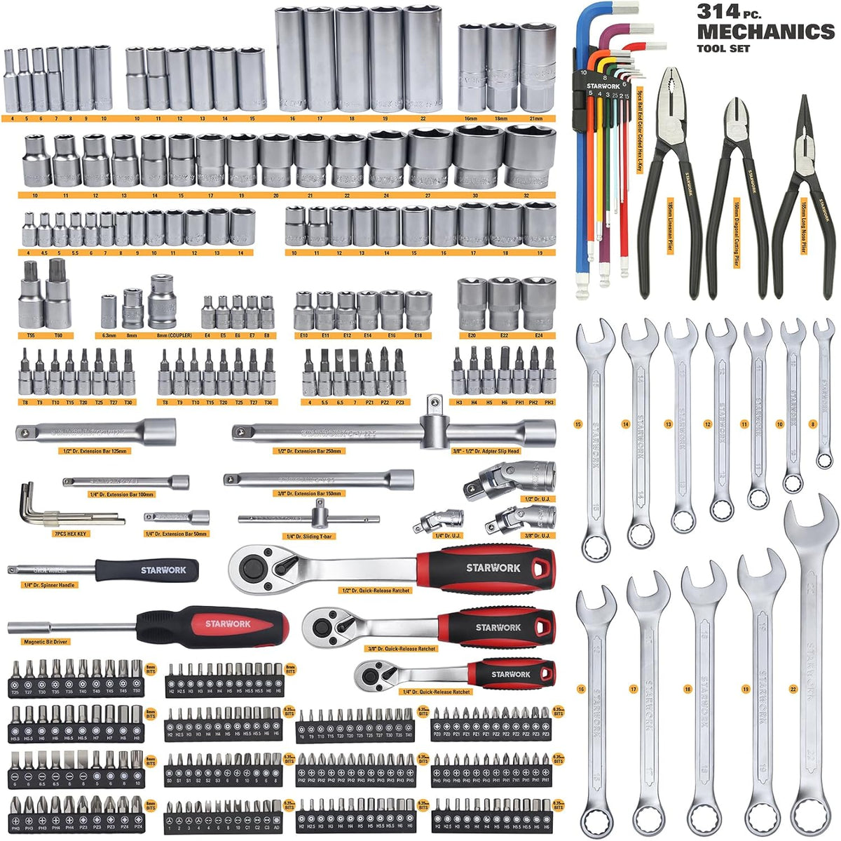 314-Piece Mechanics Tool Set and Socket Set. Professional Metric Set