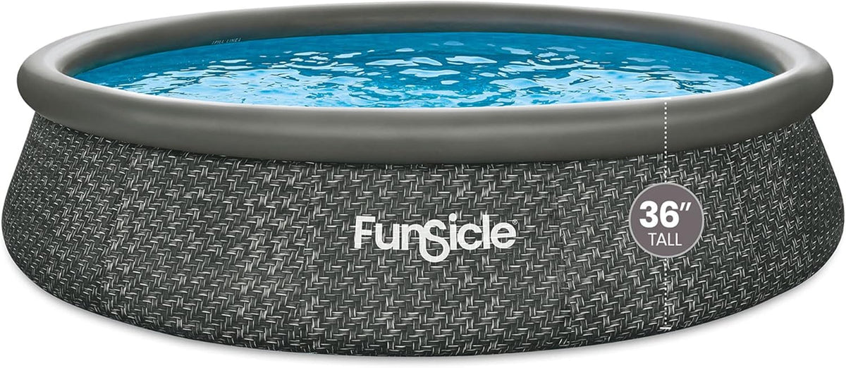 12 Foot by 36 Inch Quickset Round Inflatable Ring Top Outdoor Above Ground Swimming Pool Set with Pump and Cartridge Filter. Dark Herringbone