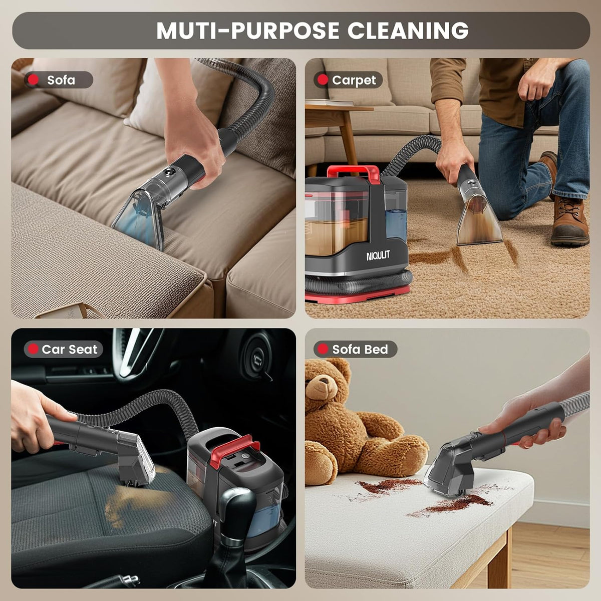 Portable Spot Cleaner Machine for Carpet and Upholstery. 15Kpa Powerful Suction for Pet Stain. Couche & Car. with Dual BrushHeads & Self-Cleaning System. Spot Cleaner for Area Rug. Stair and Furniture