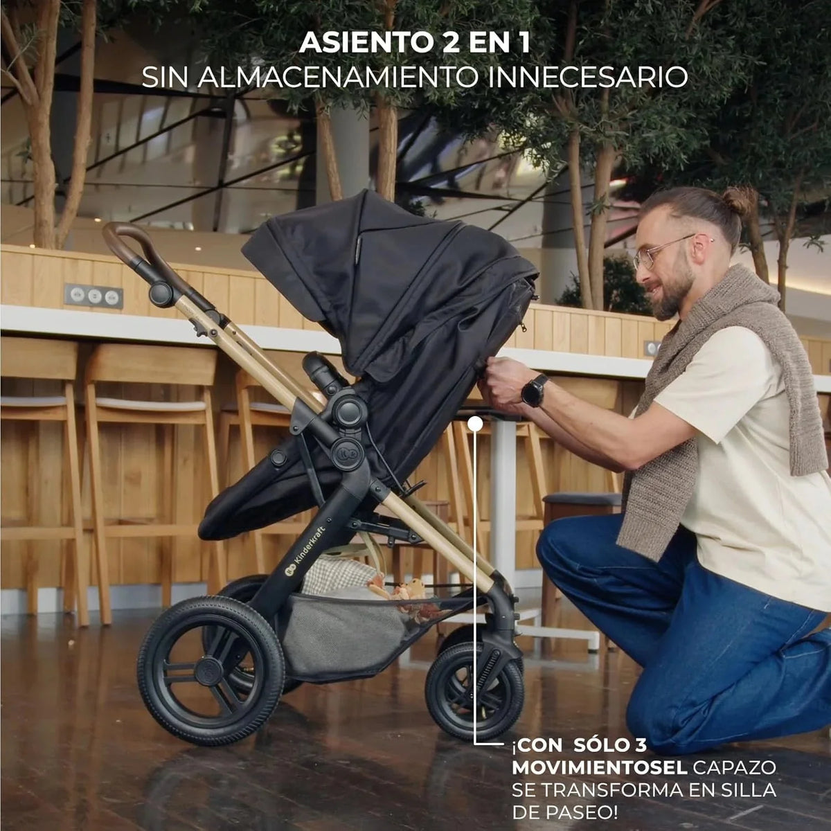 Kinderkraft MOOV XL 3 en 1. Carrito bebé hasta 27 kg. Carro. Con Asiento I-SIZE 40-75 cm. Plegable. Amortiguación. Convertible. Capazo XL. Con