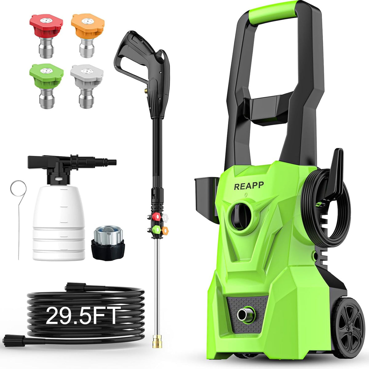 Electric high-pressure cleaning machine. foam sprayer. 4 quick-connect high-pressure nozzles. 2400 pounds/square inch 2.4 gallons/minute powerful cleaning machine. high-pressure cleaning equipment for