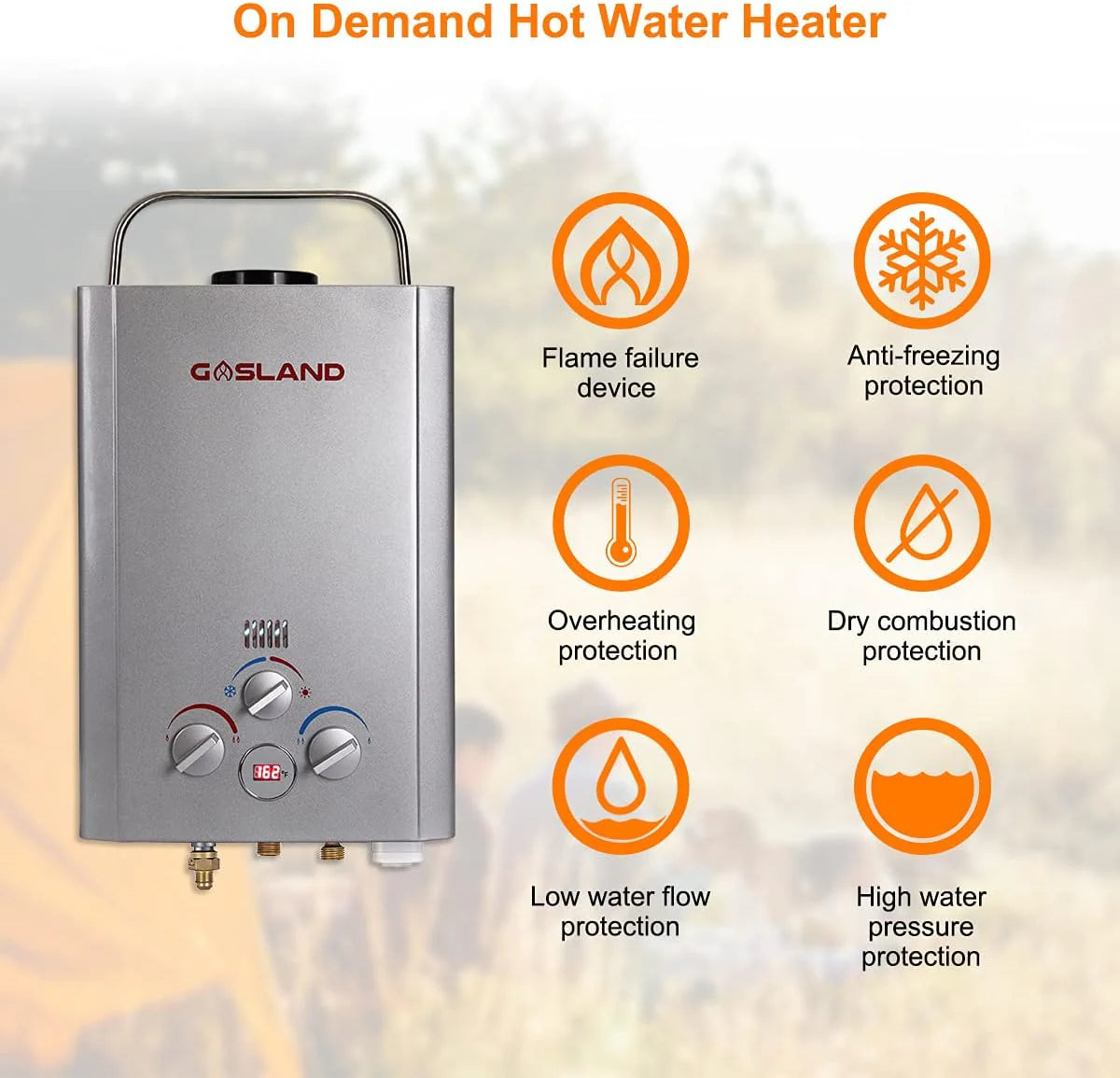 Portable Tankless Water Heater. Outdoors 6L 1.58GPM Propane Water Heater for RV Camping. Overheating Protection