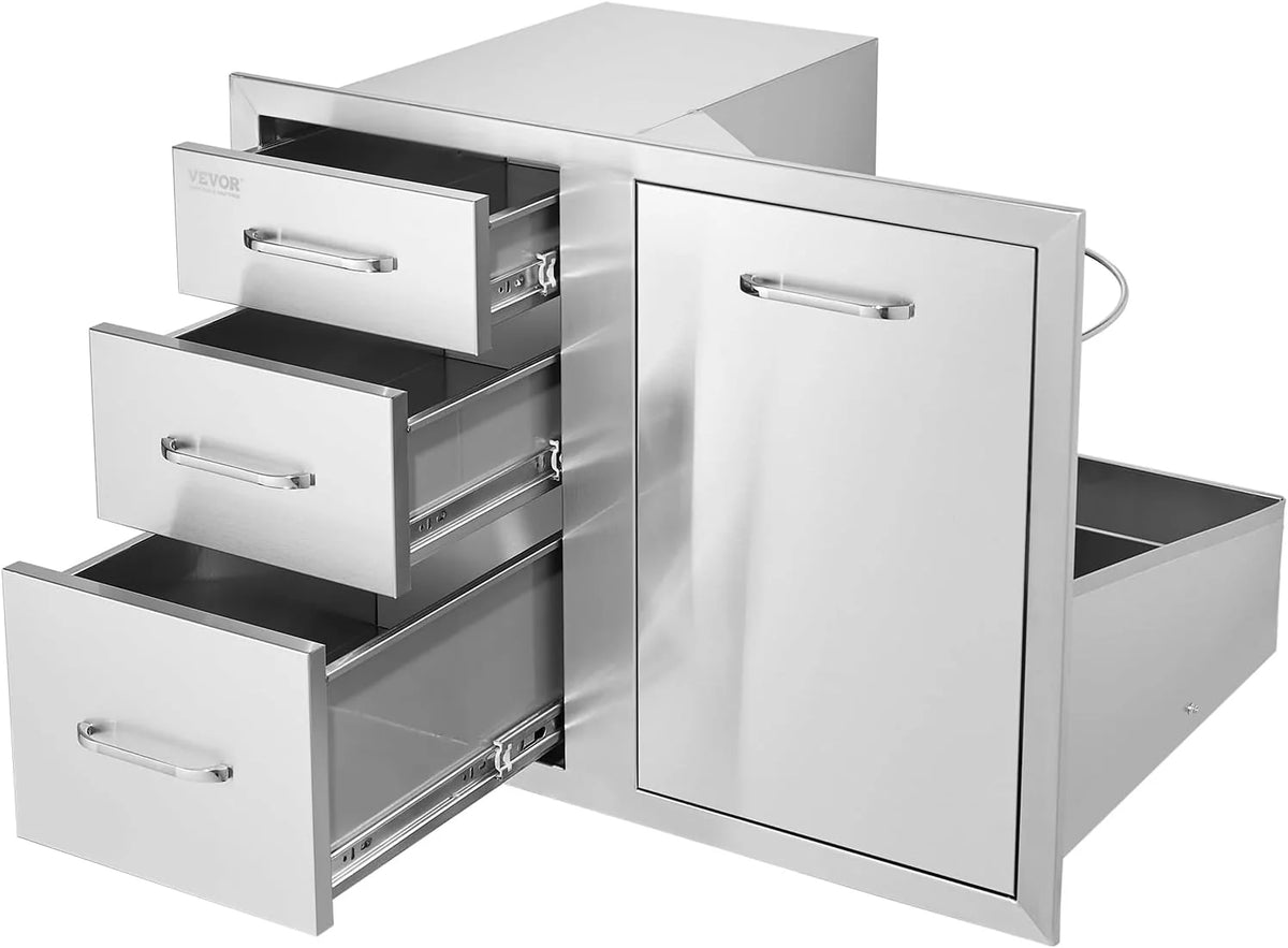 Pull Out Trash Drawer 13.4W x 25.7H x 19.6D Lower Sliding Rails Stainless Steel Roll Out Trash Bin Pull Out Tray Outdoor Kitchen Trash Drawer with Handle for BBQ Island Grill Station