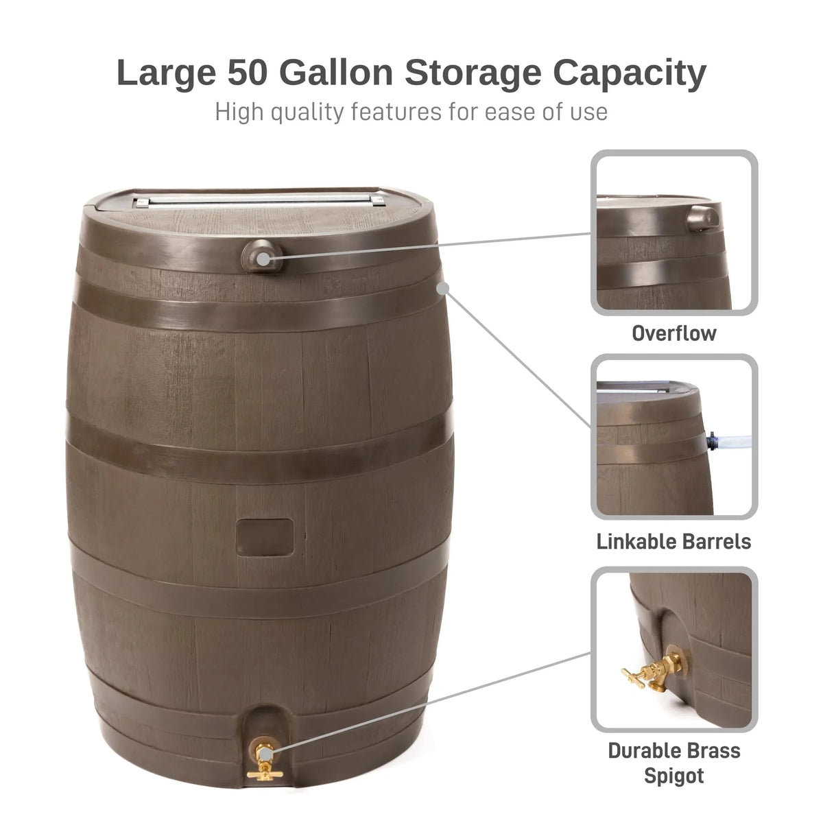 50 Gallon Rain Barrel with Brass Spigot. Walnut Rainwater Collection Barrel for Garden and Outdoor Use