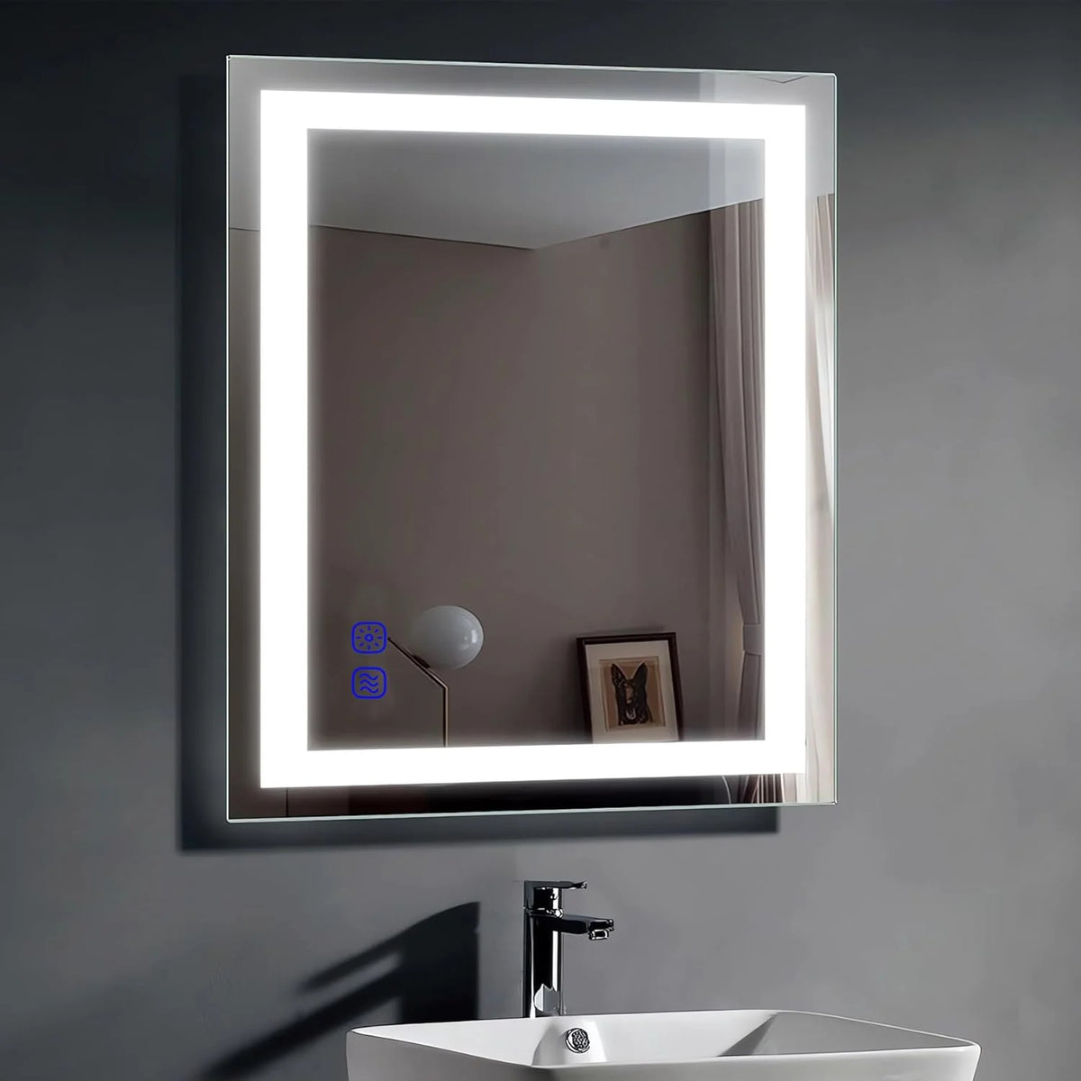 LED wall-mounted makeup mirror with lights - suitable for wall-mounted large makeup tables. Features intelligent touch buttons. anti-fog. water resistance. adjustable dimming. color adjustment. and magnifying glass function.