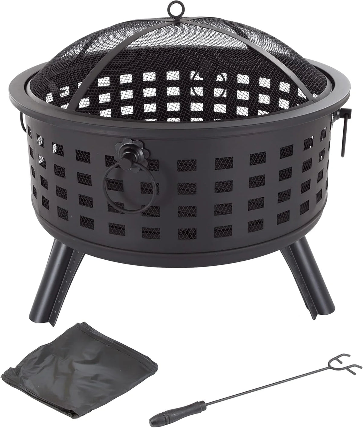 Outdoor Fire Pit - 26-Inch Round Lattice Wood Burning Firepit with Screen. Poker. Grate and Cover - Wood Fire Pits & Outdoor Fireplaces by Pure Garden