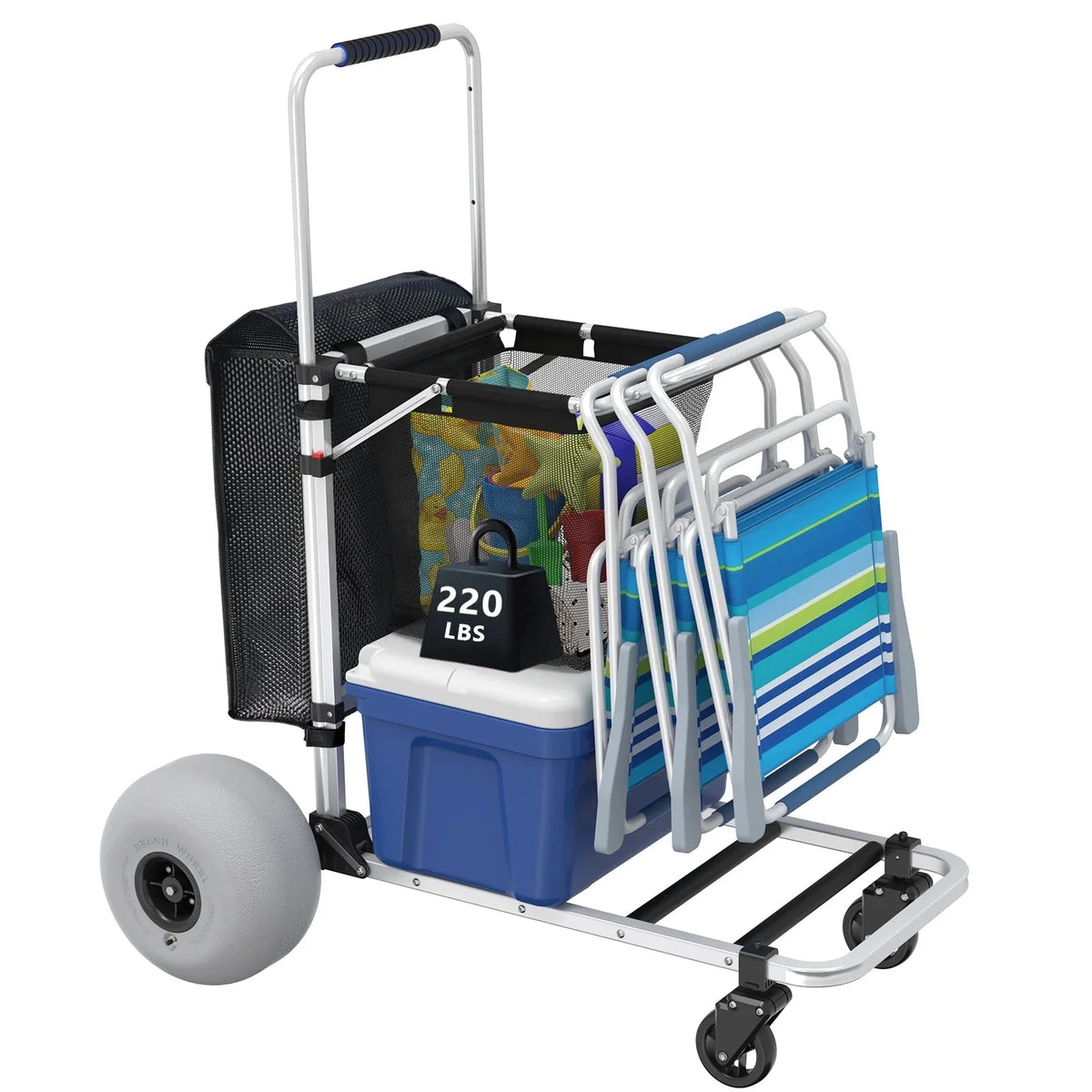 Foldable Beach Cart with Adjustable Handle and 12 Balloon Wheels. Heavy Duty Aluminum 220LBS Capacity