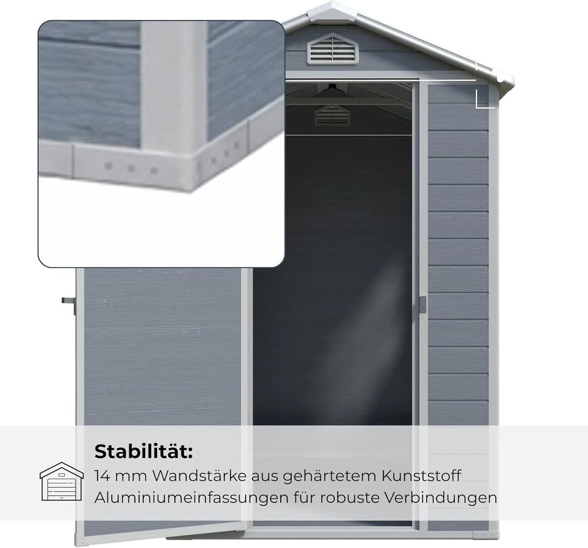 Gartenhaus Lönneberga 2.5m² Kunststoff | Polypropylen (PP) Geräteschuppen witterungsbeständig 124 x 191 x 167/199 cm (B x T x H) grau