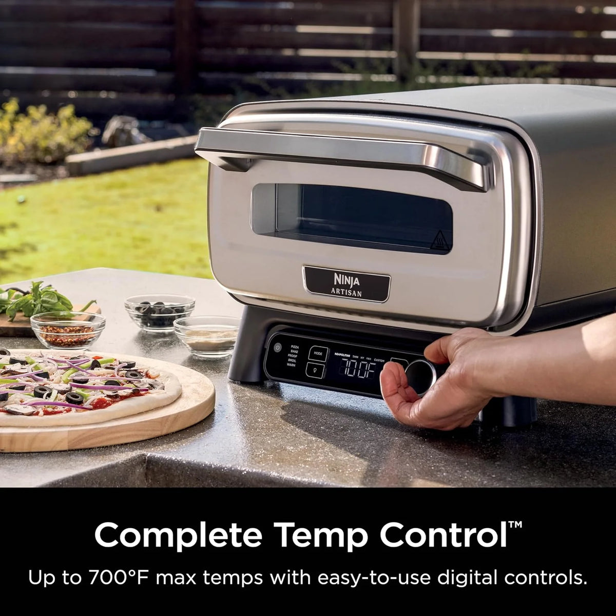 Artisan Outdoor Pizza Oven. 12 inches. can make pizza in 3 minutes. Neapolitan style. thin crust. New York Chicago style. custom model. maximum temperature 700 degrees Fahrenheit. electric heating. baking. grilling. and fermentation functions.