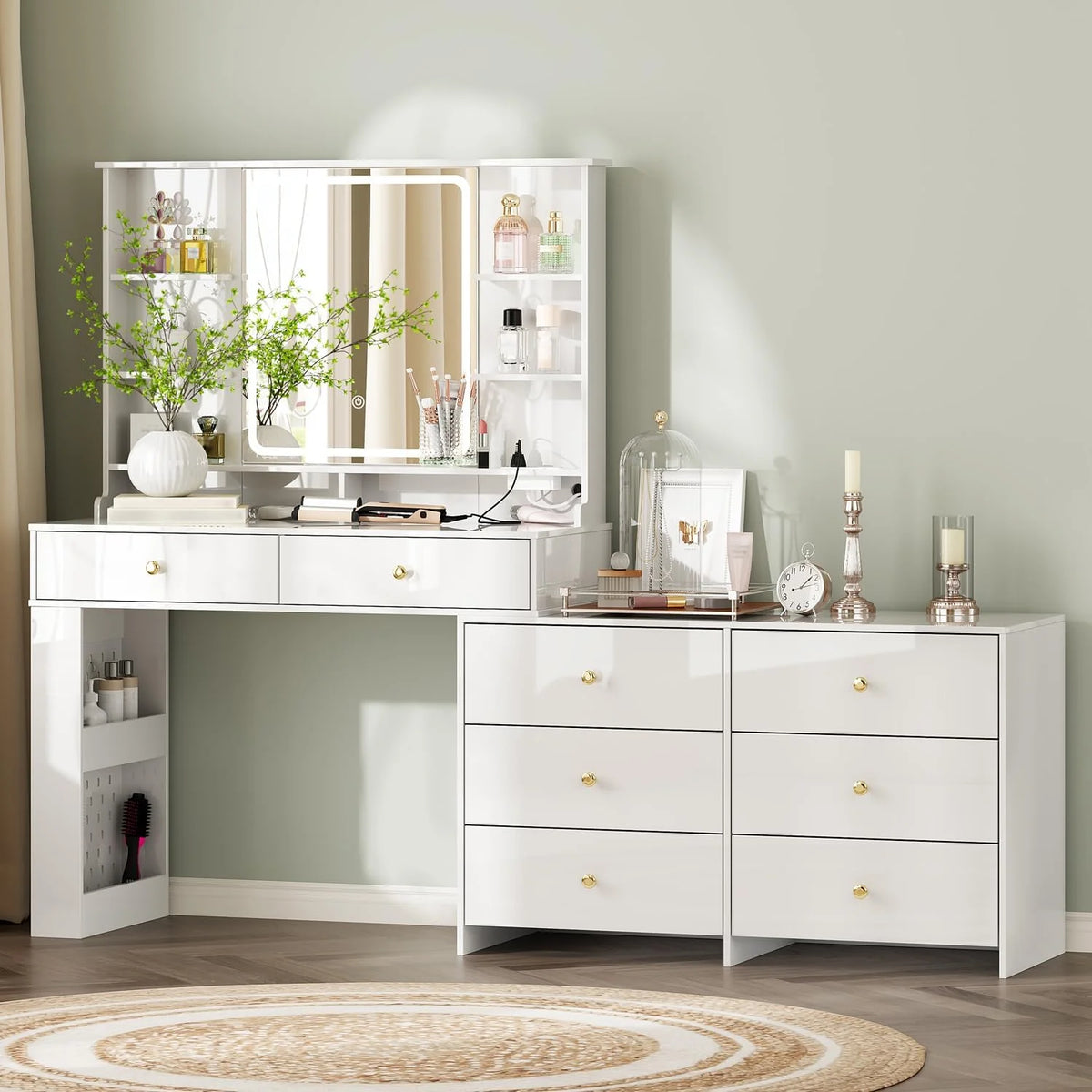 Makeup Vanity Desk with Mirror and Lights. Vanity Desk with 8 Drawers & Storage Shelves. Vanity Table with Power Outlet. 3 Color Modes & Adjustable Brightness Dressing Table. Bedroom.White2