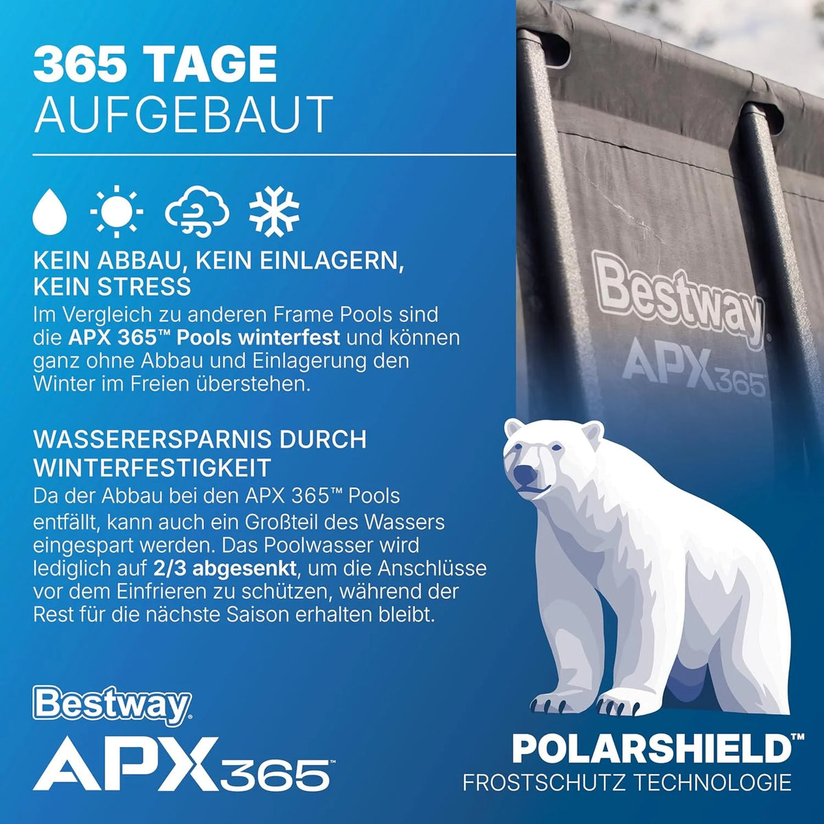 Bestway APX365 Winterfestes Frame Pool Set. Sandfilteranlage. 549 x 274 x 132 cm. 16.477 L. Stahlrahmen. Polar-Shield. Dunkle Marmor-Optik.