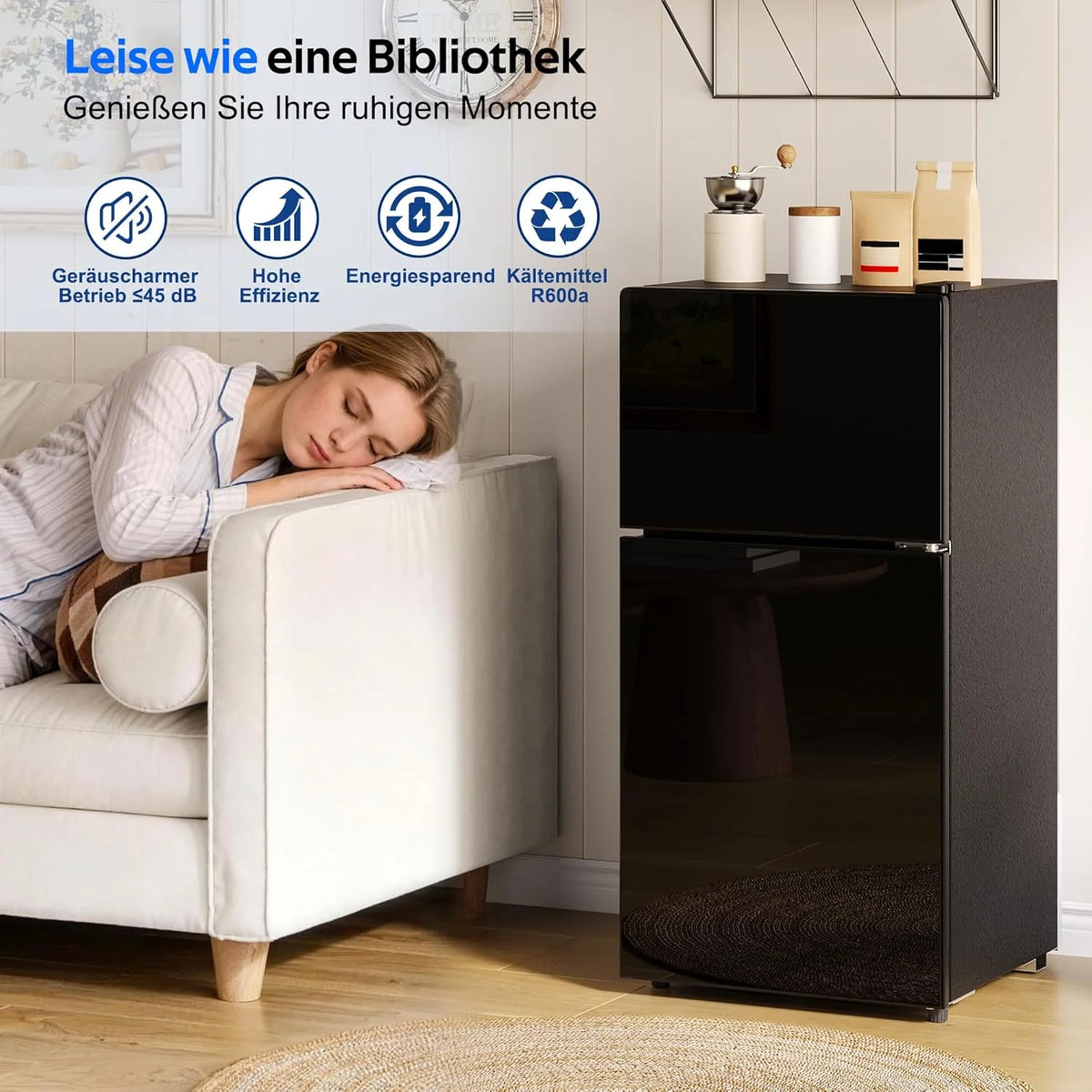 Merax Kühlschrank mit Gefrierfach. 60L Kleiner Kühlschrank. kompakt. Glastür. LED-Innenbeleuchtung. manuelle Temperaturregelung. Glasablagen. 45 dB(A)
