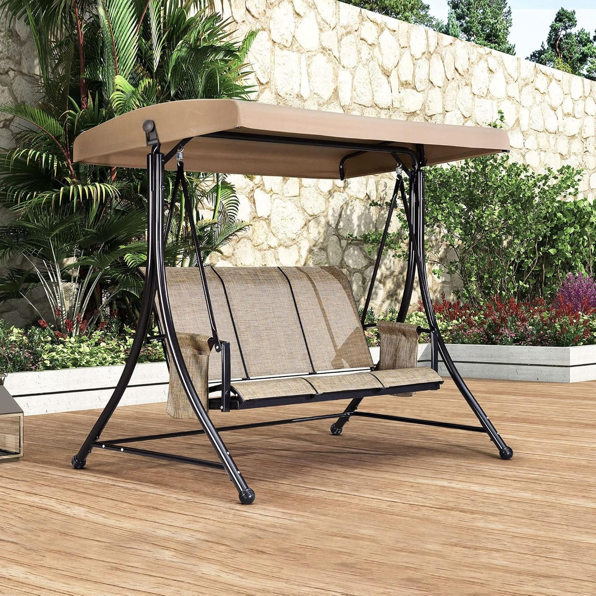 3 luxurious outdoor deck swings. with a weather-resistant steel frame. adjustable tilted canopy. brown model