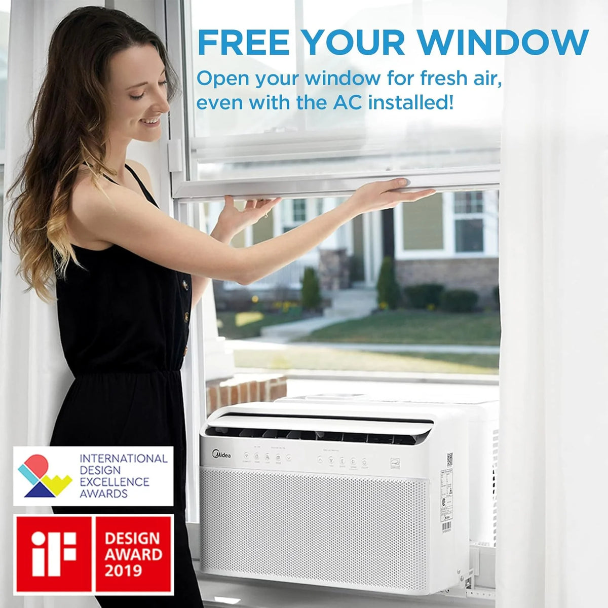 8.000 BTU U Shaped Smart Inverter Window Air Conditioner. Cools up to 350 Sq. Ft.. Ultra Quiet with Open Window Flexibility. Works with Alexa/Google Assistant. 35% Energy Savings. Remote Control