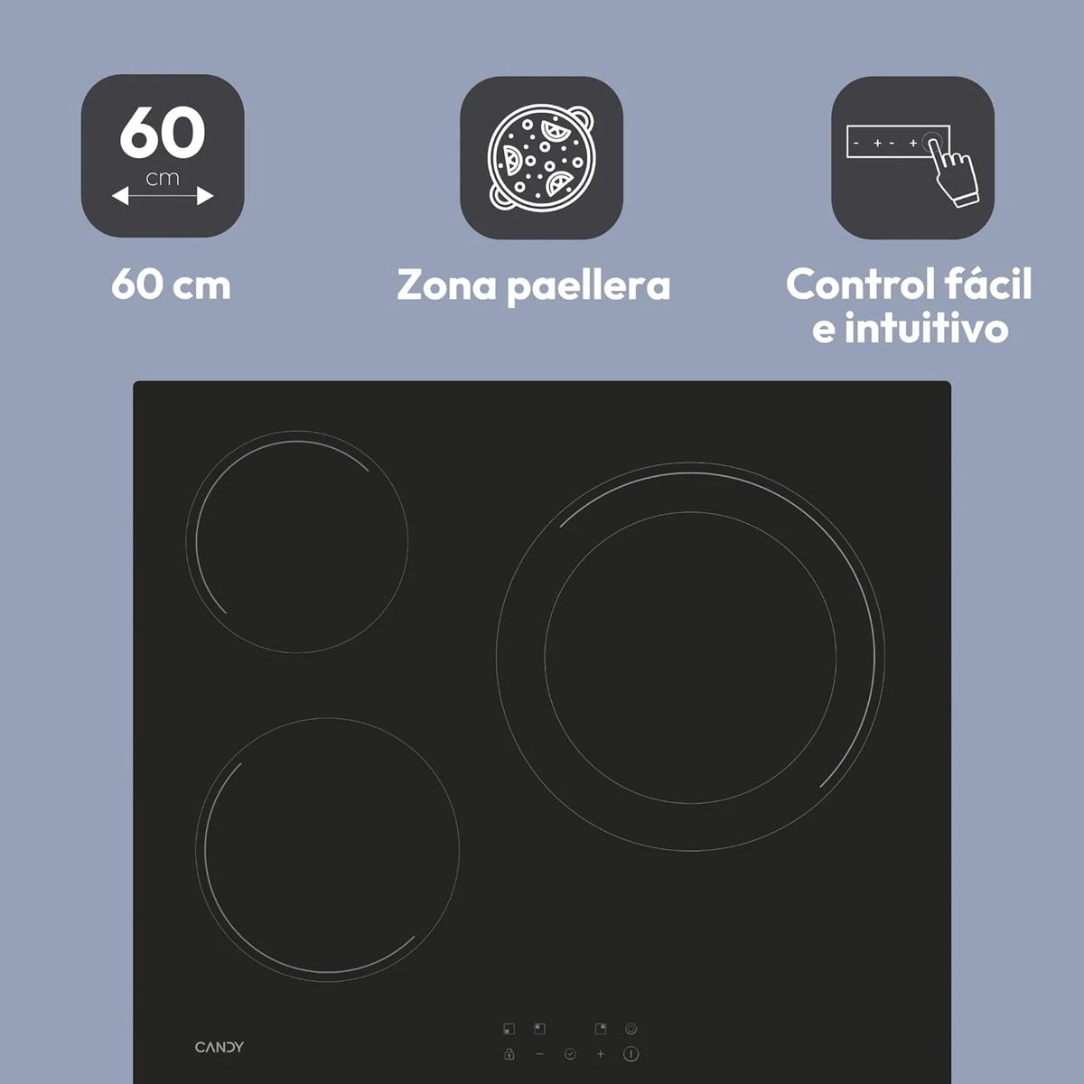 Candy CH63DCC Hob Ceramic Hob 60 cm. 3 Cooking Zones. Double 30 cm Paella Pan. Touch Control. 9 Power Levels. Safety System. Black
