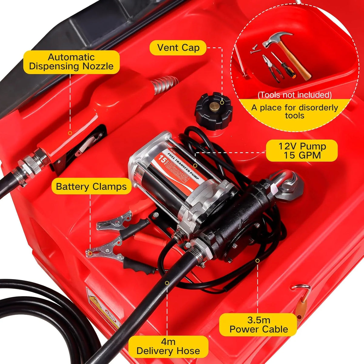 Portable 48 Gallon Fuel Tank with Pump for Gasoline & Diesel. 15GPM High Flow Rate 12V DC Self-Priming Fuel Transfer Pump. 13.1ft Hose. Auto Fueling Nozzle. for Easy Fuel Transportation