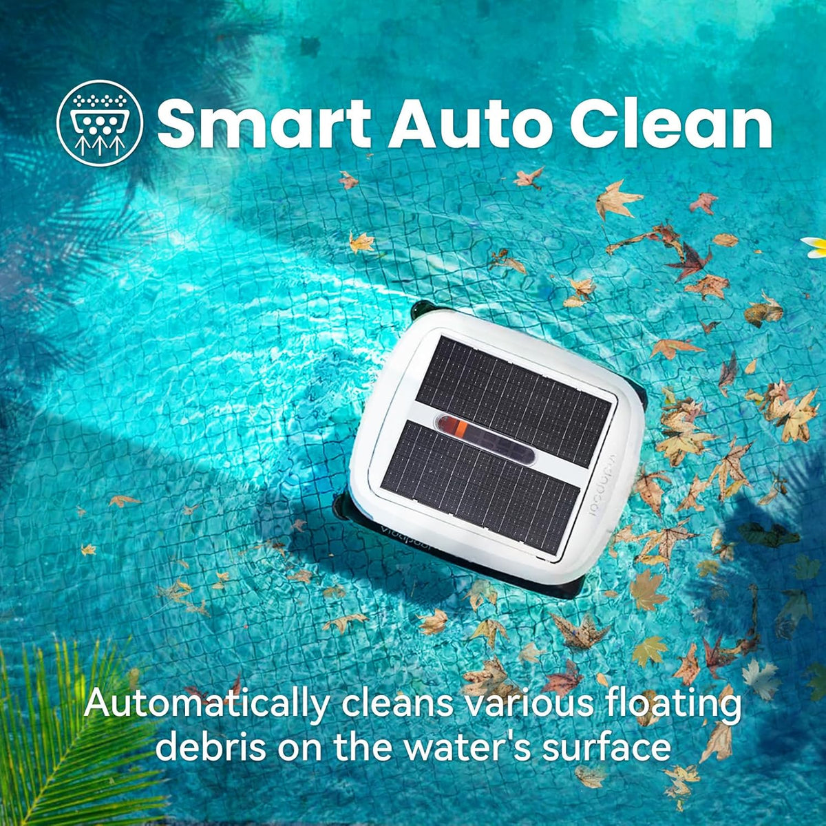 Solar Powered Automatic Robotic Pool Skimmer Cleaner.Solar Pool Surface Cleaner Dual Mode with Obstacle Avoidance Daytime ＆ Overnight Continuous Cleaning Ideal for All Swimming Pool-White