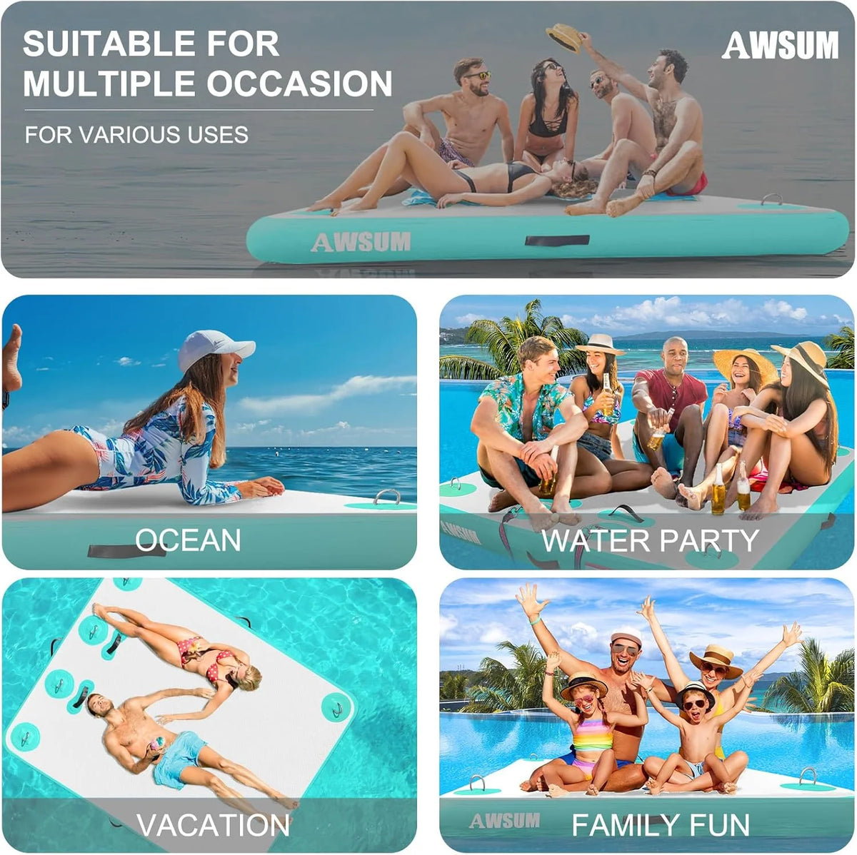 Inflatable Floating Dock Air Dock Platform Floating Island Raft with None-Slip Surface for Pool Beach Ocean