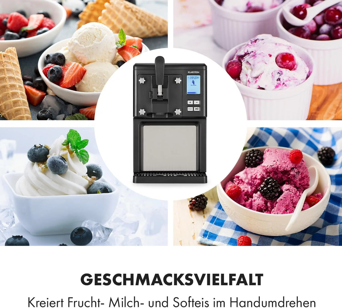 Klarstein Sweet Sundae - Eiscrememaschine. 1.5 Liter. mitselbstkühlendem Kompressor. 200 Watt. Ausgabesystem. 3 StundenAuto-Kühlhaltefunktion.