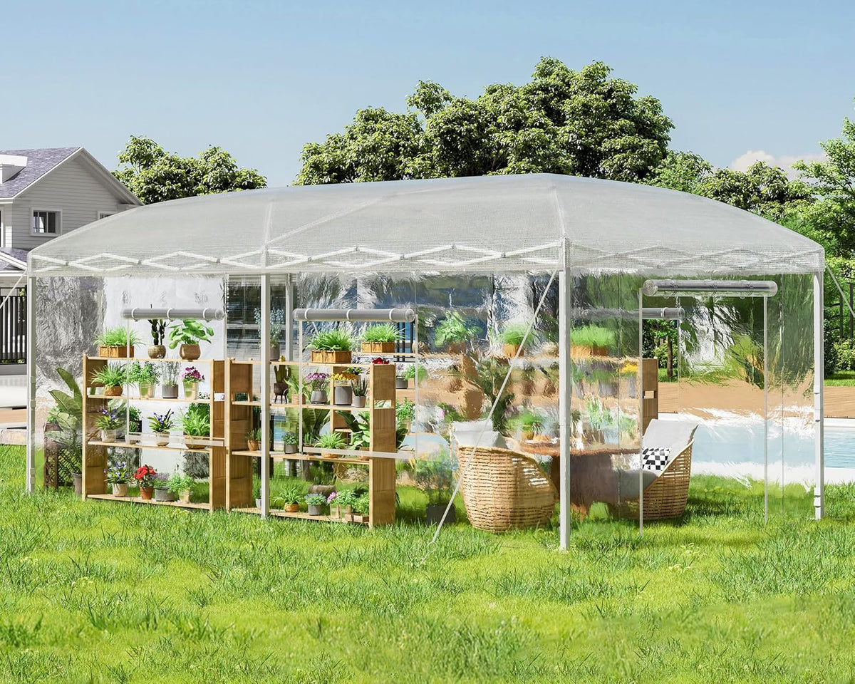 19.2×9.7×8.5 feet Outdoor upgraded retractable greenhouse with adjustable reinforced frame. portable walk-through greenhouse. equipped with 2 rollable zipped doors and mesh windows. PE shell. white