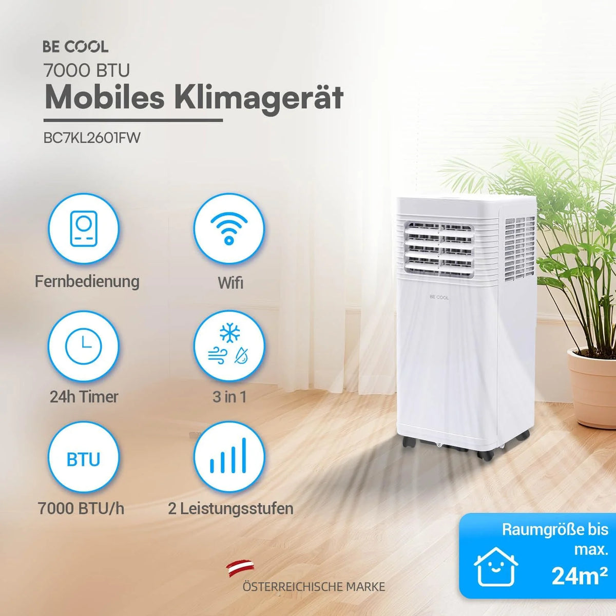 BE COOL Mobiles Klimagerät 7000 BTU mit WLAN. 3in1 Klimaanlage zum Kühlen. Entfeuchten & Lüften. für Räume bis 24 m². Fernbedienung. Timer.