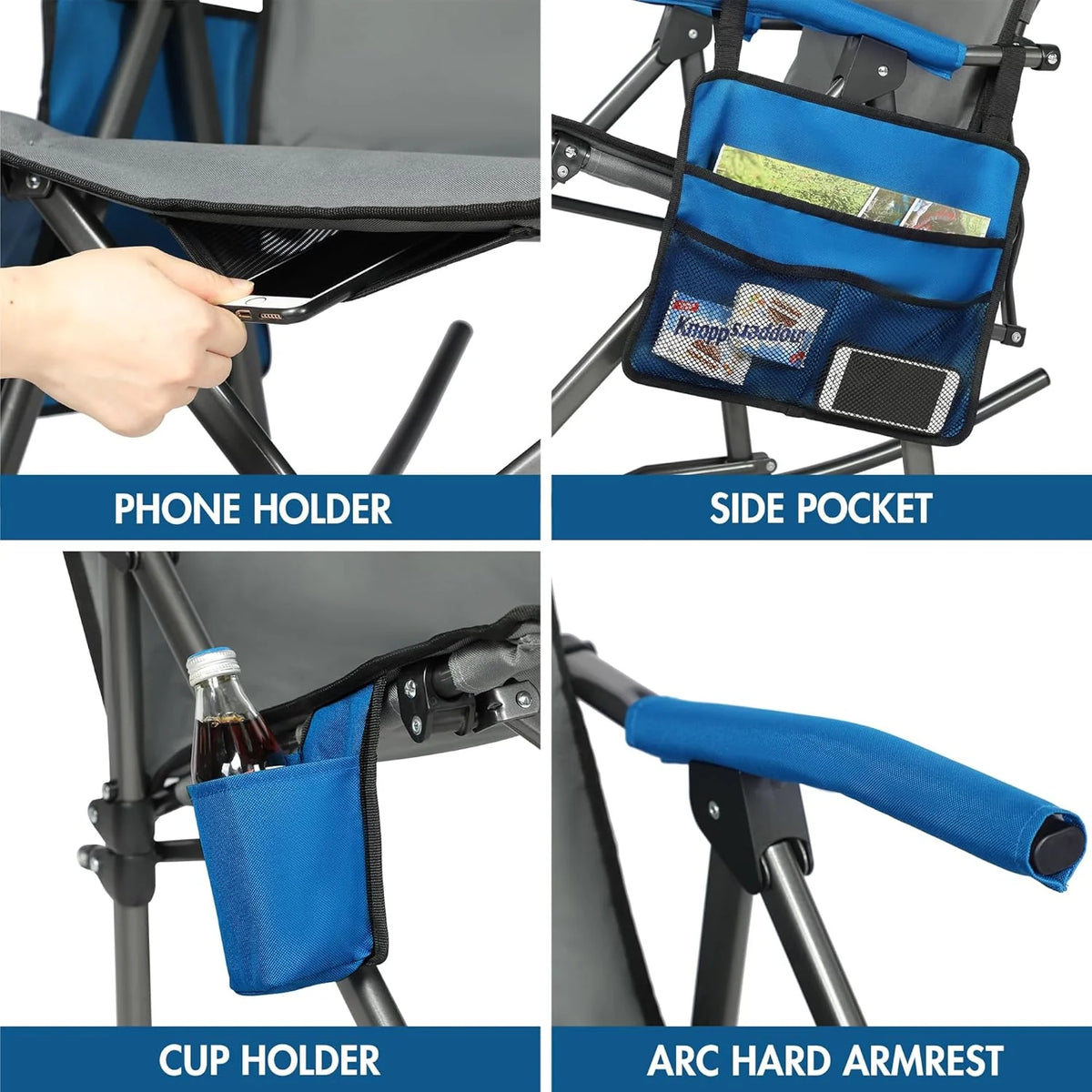 Large-sized foldable rocking chair-style camping chair. Portable outdoor rocking chair. equipped with a high back and sturdy armrests. The carrying bag can bear a weight of 300 pounds. The back of the seat has padding. The color is blue.