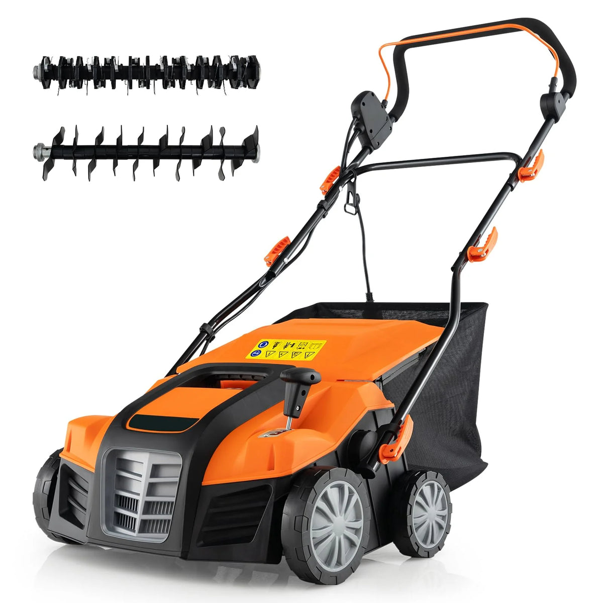 2-in-1 Electric Scarifier and Lawn Dethatcher. 16-Inch 15A Corded Dethatcher with 14.5-Gallon Collection Bag