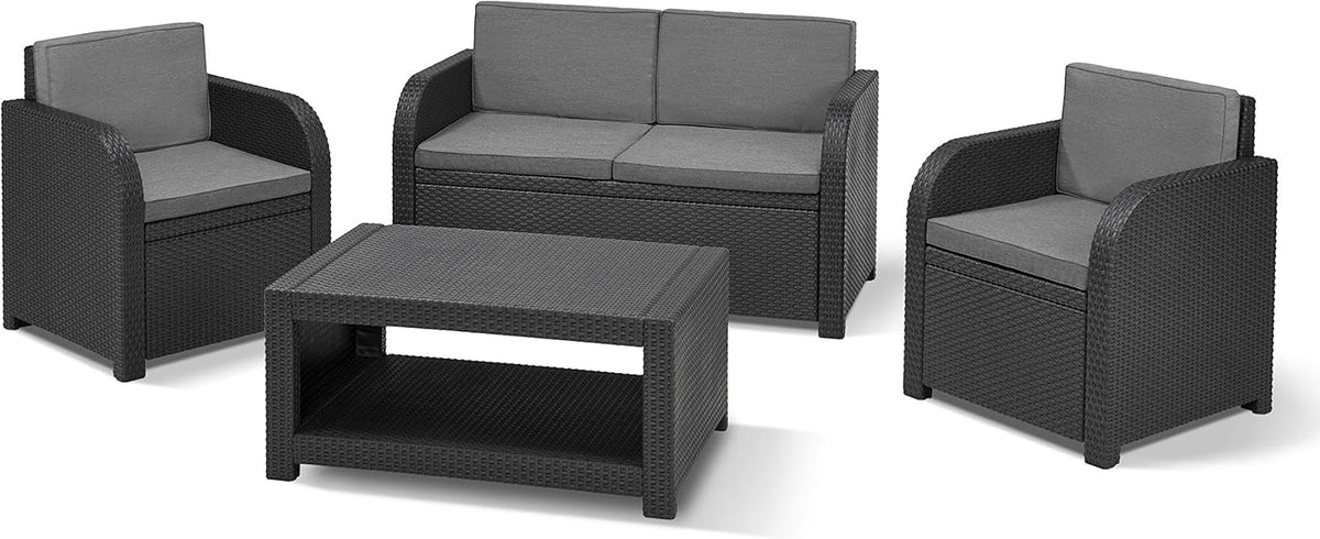 Allibert by Keter Modena Gartenmöbel Set aus Kunststoff. inkl. Sitzkissen. grau. 4-teilig. 2 Sessel. Sofa & Tisch. für Garten. Balkon & Terrasse.
