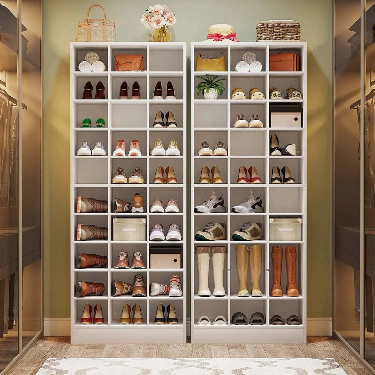 10-Tier Tall Shoe Cabinet. 30-Pair White Wood Shoe Storage Rack for Entryway and Closet