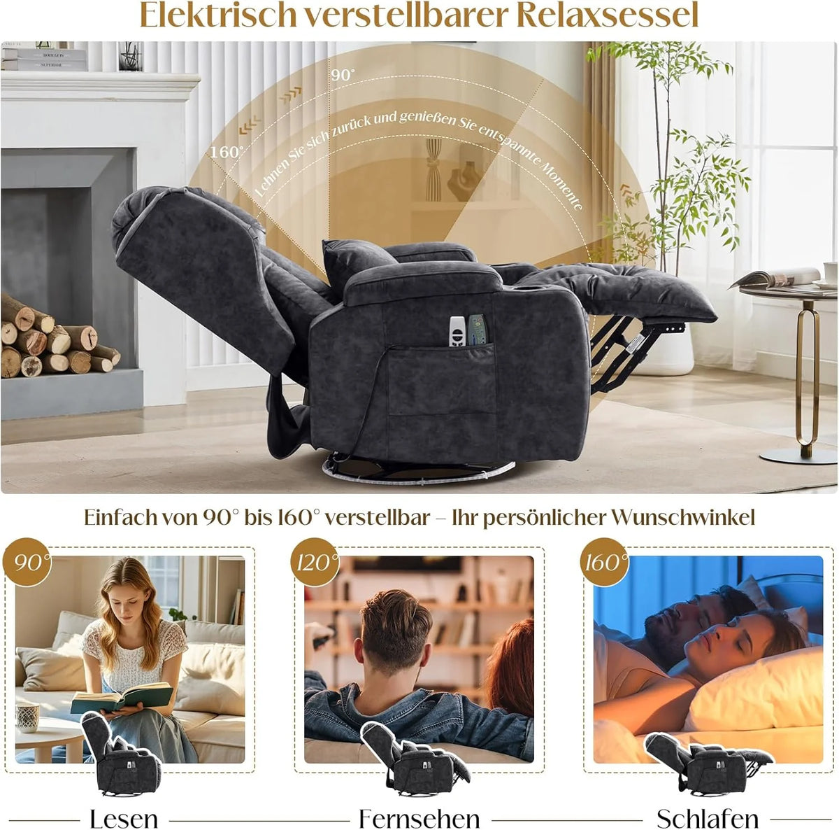 Elektrischer Fernsehsessel Relaxsessel mit Liegefunktion.240°Drehsessel Kinosessel Massagesessel mit Wärmefunktion.TV Sessel Liegesessel fürs