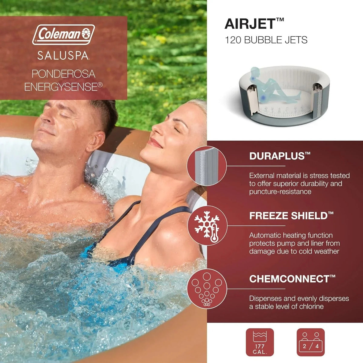2-4 Person Inflatable Hot Tub. Portable Round Outdoor Spa with 120 Soothing Air Jets and Insulated Cover. Black