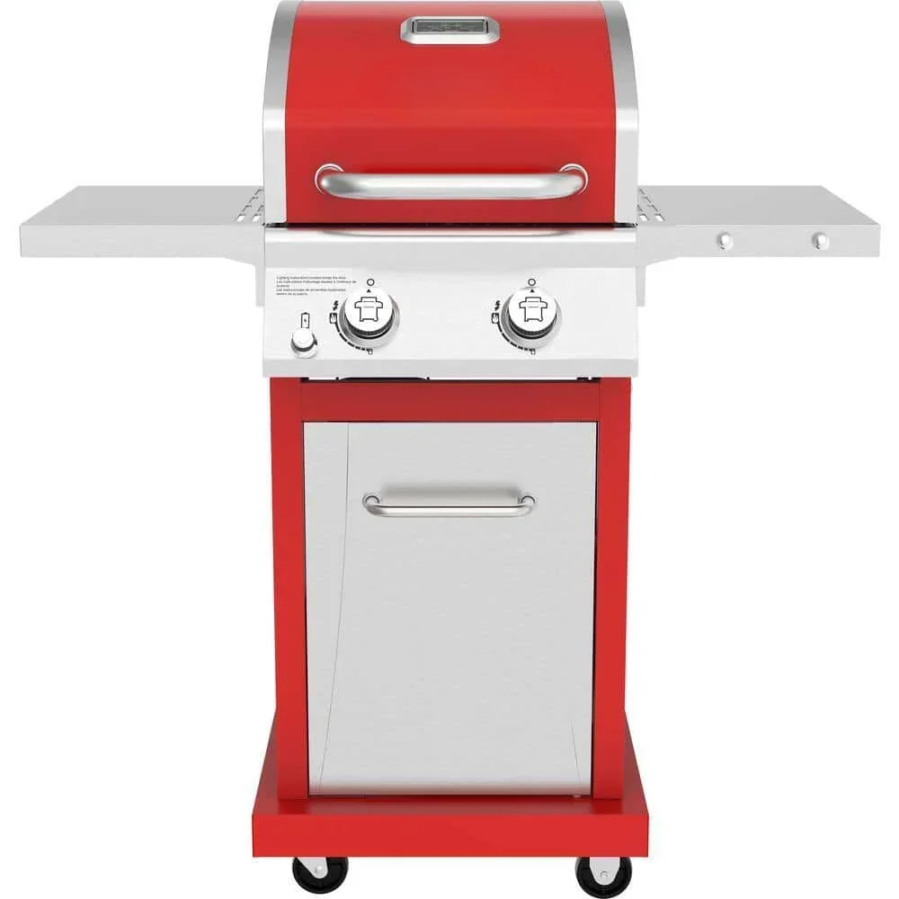 2-Burner Propane Gas Grill. Red Stainless Steel. 28.000 BTUs. Compact Design