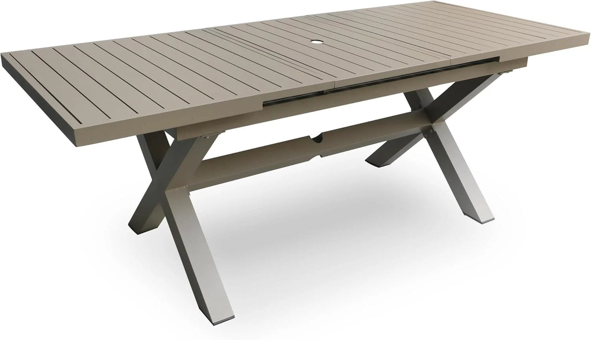Extendable Patio Dining Table for 6-8. 63''-83'' Outdoor Aluminum Table w/Umbrella Hole. Rectangle Slatted Tabletop. Metal X-Trestle for Meals Garden Deck Backyard Gathering Party - Light Brown