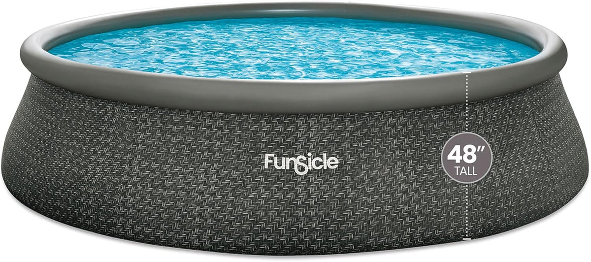 12 Foot by 36 Inch Quickset Round Inflatable Ring Top Outdoor Above Ground Swimming Pool Set with Pump and Cartridge Filter. Dark Herringbone