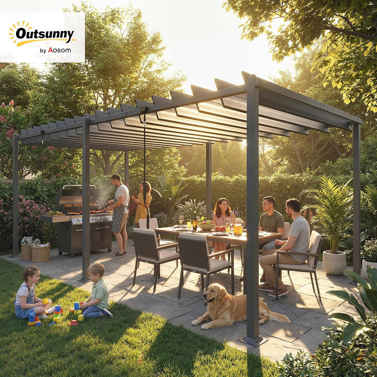 Outsunny Pérgola de Jardín 3x5.7 m. Cenador de Jardín con Techo de Lamas Ajustable a 90°. Manivela. Estructura de Aluminio. Protección UPF50+.