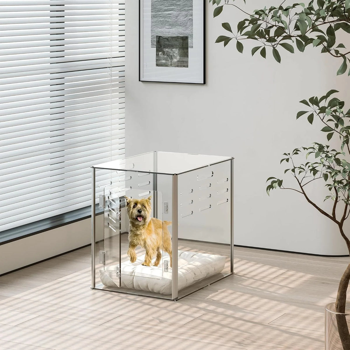 Acrylic dog cage - Clear and transparent dog house - Indoor lockable - High-intensity ventilation dog house - Suitable for small to medium-sized dogs (weighing no more than 45 pounds) - Fashionable transparent dog house cage. 30 inches long. 20 inche