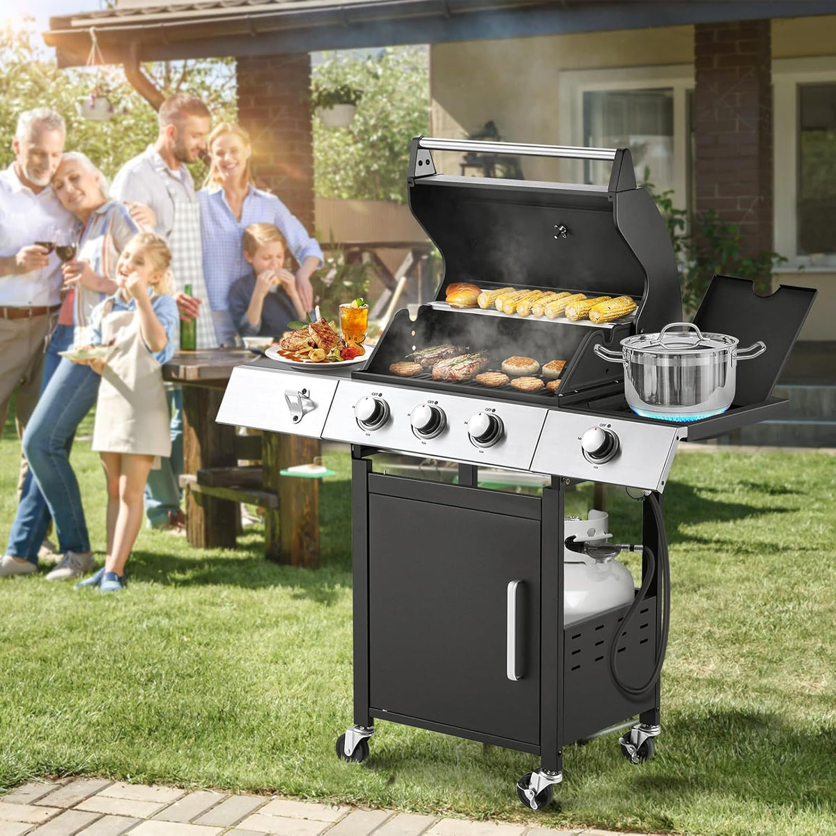 4-Burner Propane Gas Grill with Cast Iron Grates. Side Stove and 44.000 BTU Stainless Steel Burners