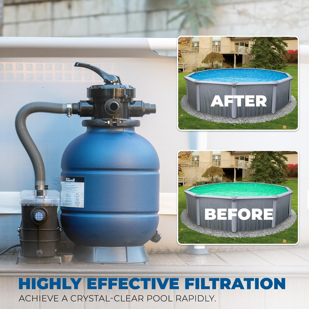 13-inch sand filter. 0.75 horsepower. swimming pool pump. 2400 gallons per hour. suitable for outdoor swimming pool package. multi-interface valve. maximum capacity 10000 gallons. 1-1/4 inch NPT interface