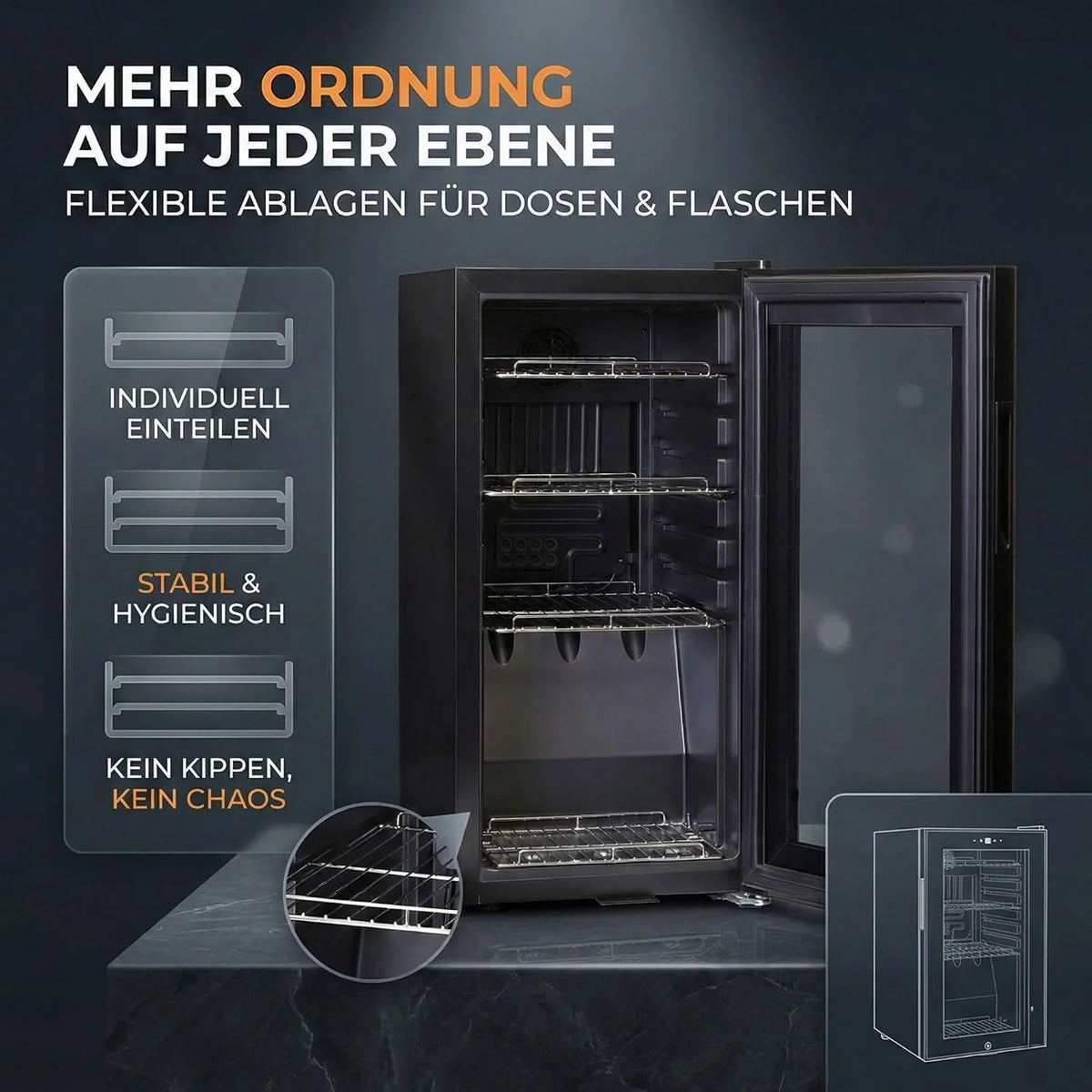 Sommertal Getränkekühlschrank 50L – Mini Kühlschrank schwarz mit Glastür. Touchscreen & LED | Kleiner Flaschenkühlschrank abschließbar & leise für