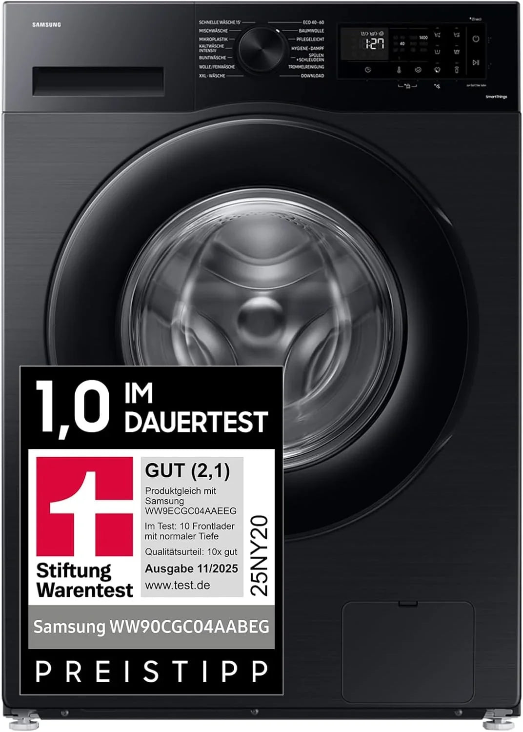 Waschmaschine. 9 kg. 1.400 U/min. EEK: A. Mikroplastik-Programm. Ecobubble. 14 Programme. WiFi SmartControl. Schwarz. WW90CGC04AABEG