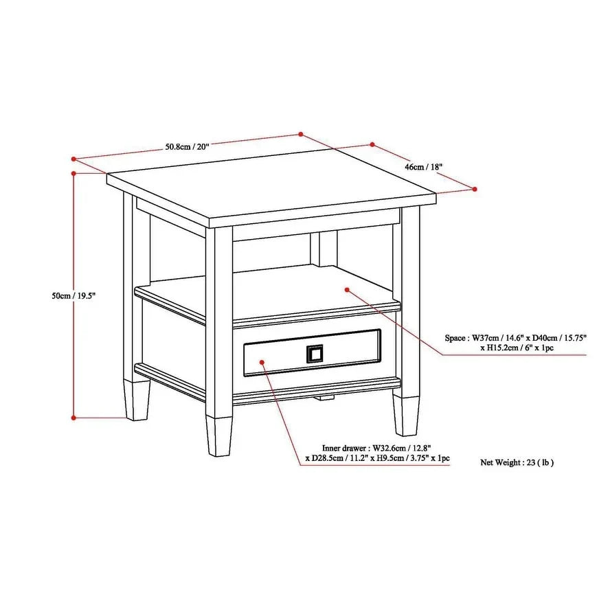 20 Inch Wide Solid Wood Rectangle End Table. Transitional Side Table