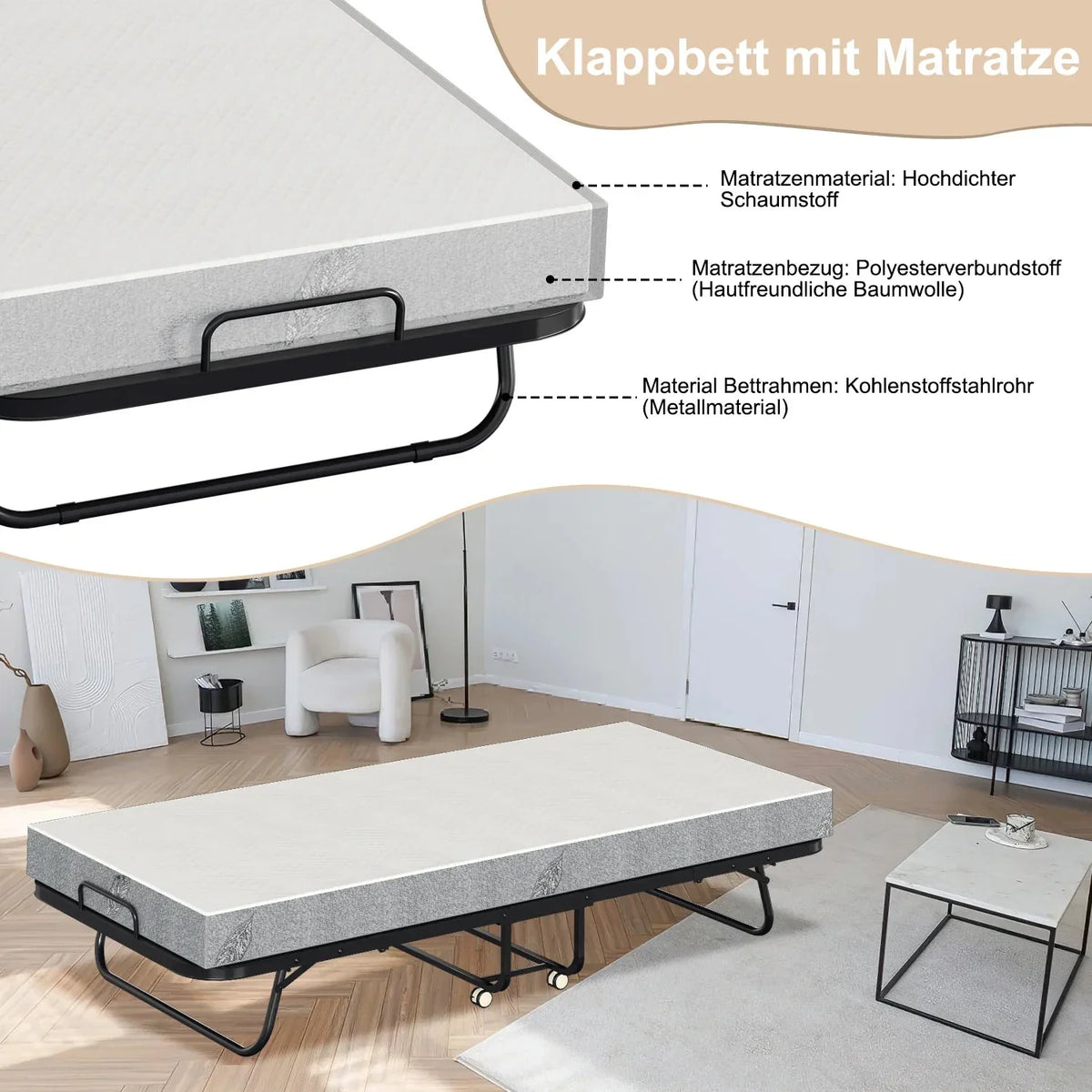Sonnewelt Klappbett 90x200cm mit 13cm Dicke und Rollen