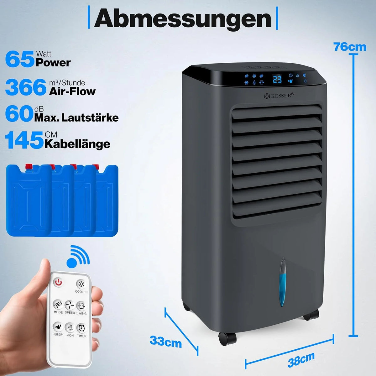 KESSER Mobile Klimaanlage 4in1 Luftkühler – Air Cooler mit Fernbedienung & Timer. 10L Wassertank. Ionisator & Luftbefeuchter. Ventilator Klimagerät