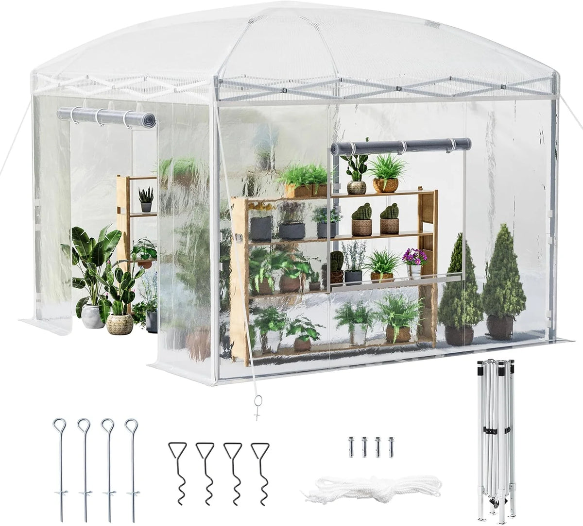 19.2×9.7×8.5 feet Outdoor upgraded retractable greenhouse with adjustable reinforced frame. portable walk-through greenhouse. equipped with 2 rollable zipped doors and mesh windows. PE shell. white