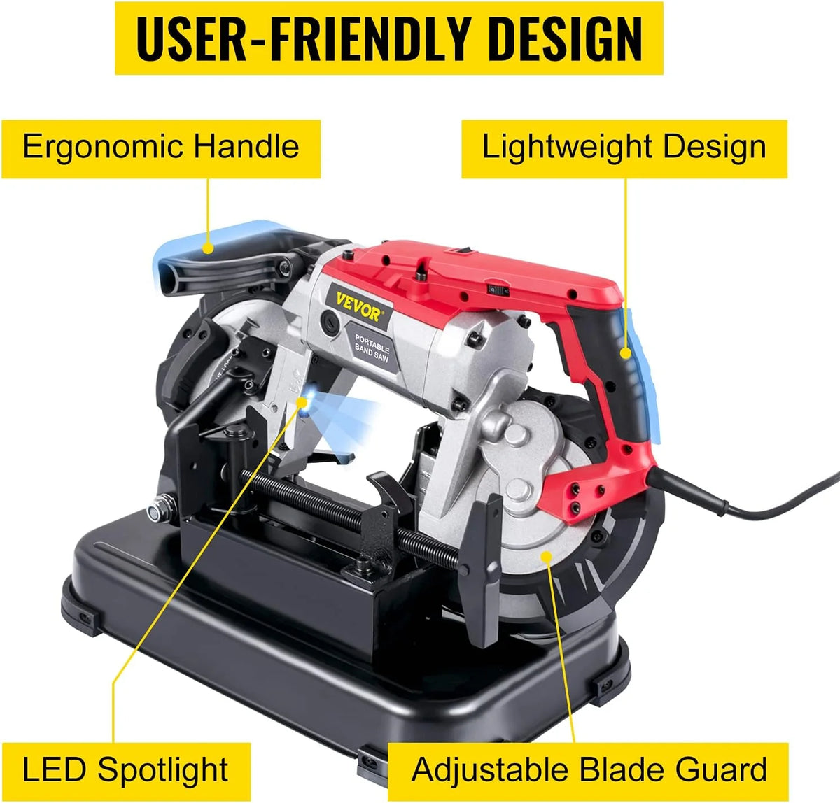 Portable Band Saw. 110V Removable Alloy Steel Base Corded Band Saw. 5 Inch Cutting Capacity Hand held Band Saw.Variable Speed Portable Bandsaw. 10Amp Motor Deep Cut Band saw for Metal Wood