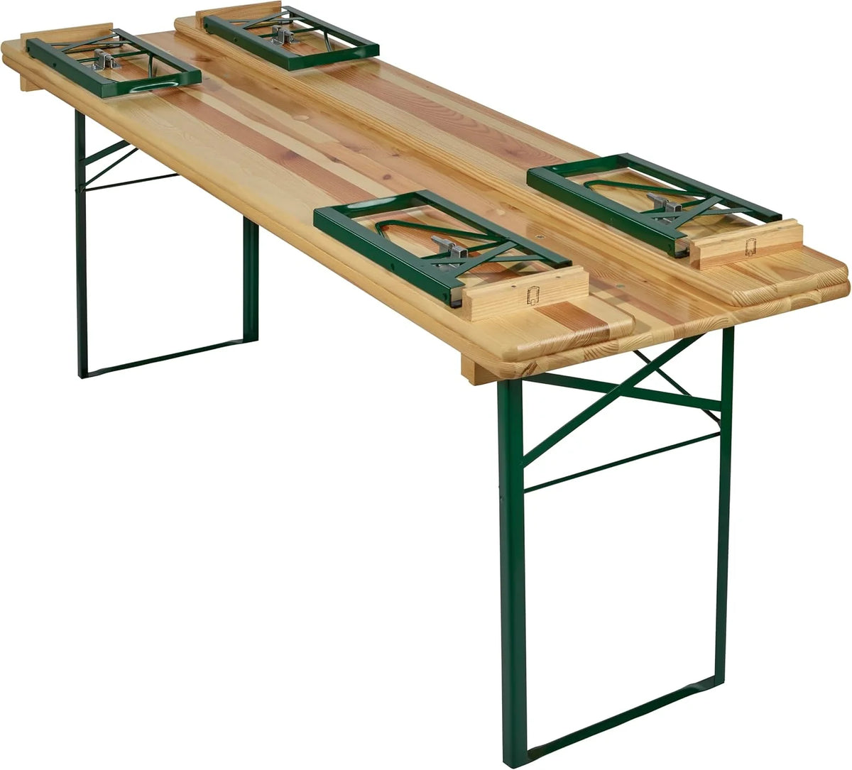 METRO Professional Bierzeltgarnitur. 3-TLG. Gartenmöbel Set. 1 Bier-Tisch 220 x 70 cm. 2 Bierbänke 220 x 25 cm. Klappbar. Naturbraun/Grün