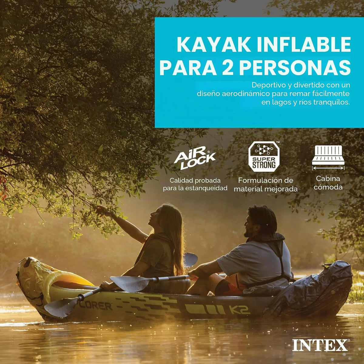 Intex Explorer K2 Kayak. 2-Person Inflatable Kayak Set with Aluminum Oars and High Output Air Pump